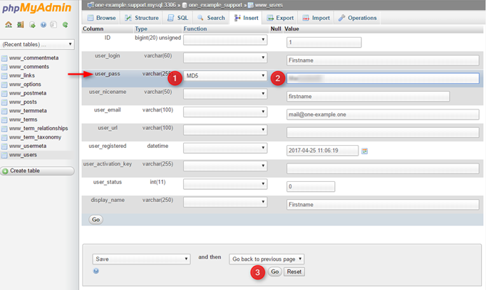 صفحه مدیریت داده‌ها در phpMyAdmin.