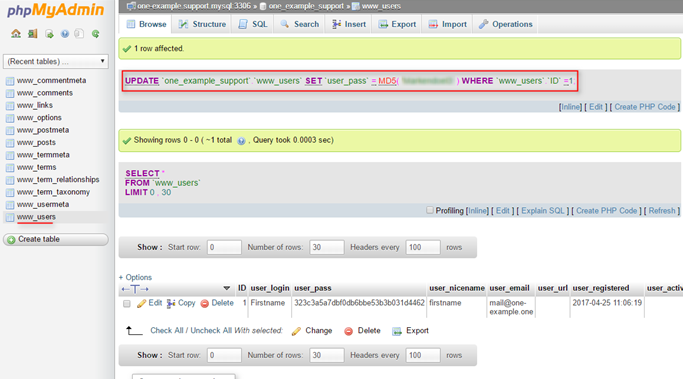 پنجره مدیریت بază داده phpMyAdmin.