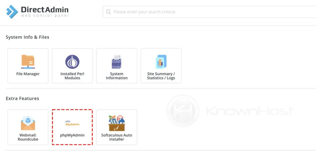 صفحه مدیریت DirectAdmin با قابلیت phpMyAdmin.