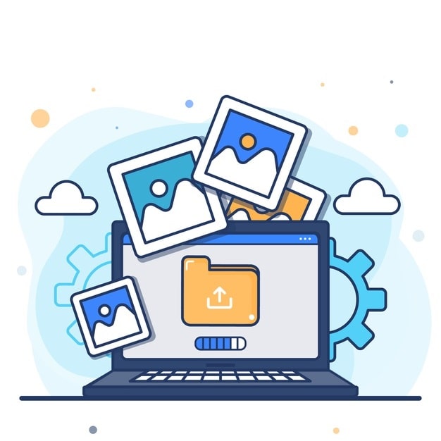 لپتاپ با تصاویر و آرم دستگاههای ذخیرهسازی.