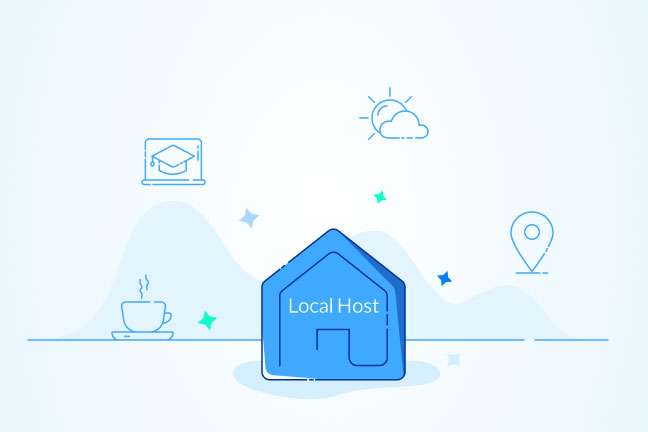 خانه آبی با نوشته "Local Host" در محیط زیبا.