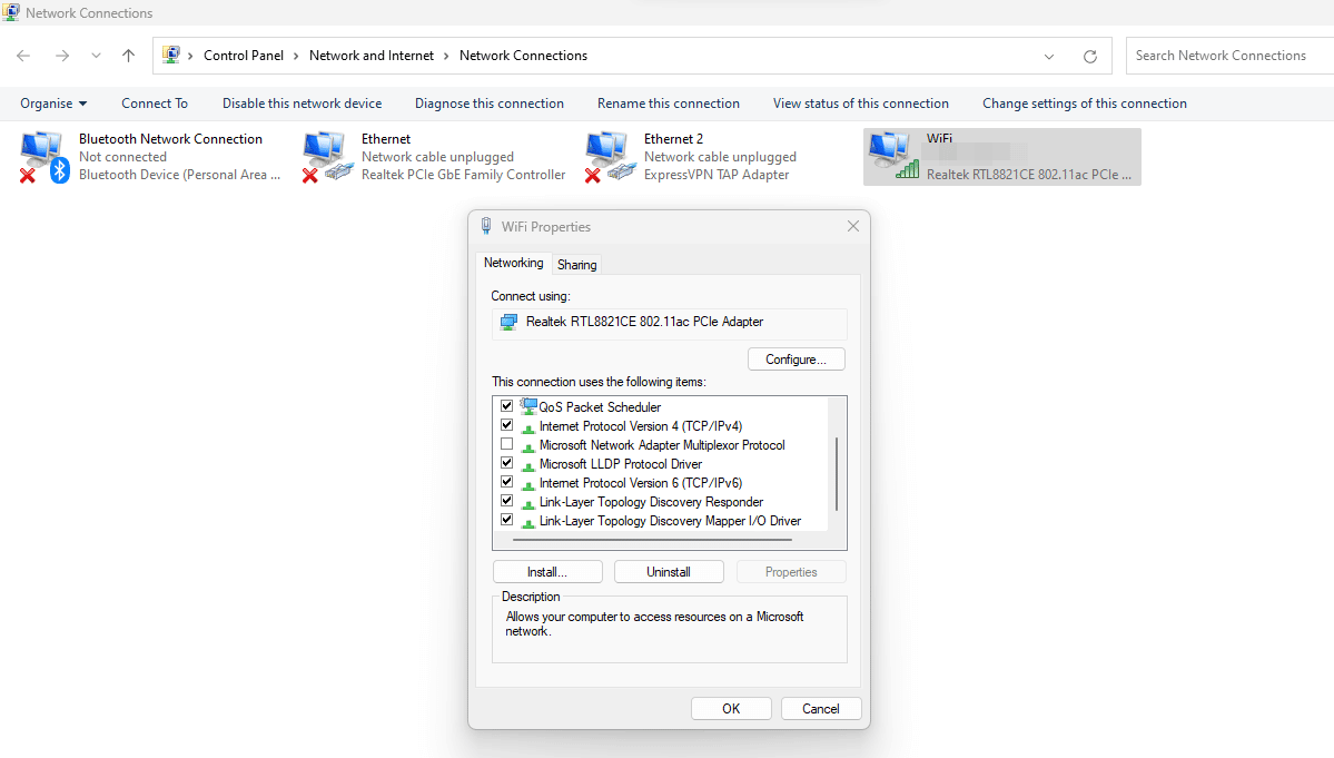 پنجره Properties برای اتصال وای فای