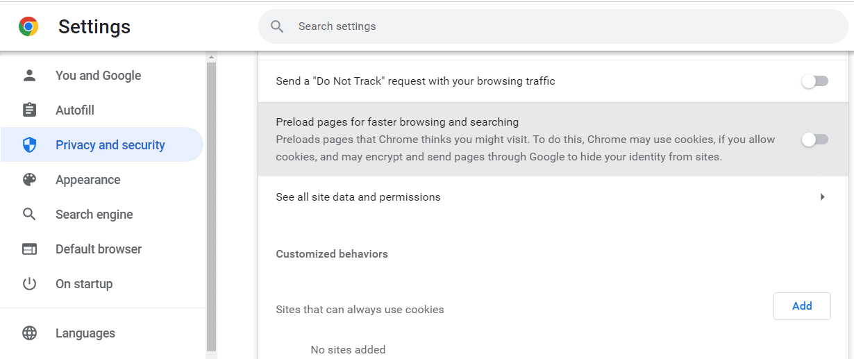 غیرفعال کردن تنظیم پیش بارگذاری صفحات در گوگل کروم